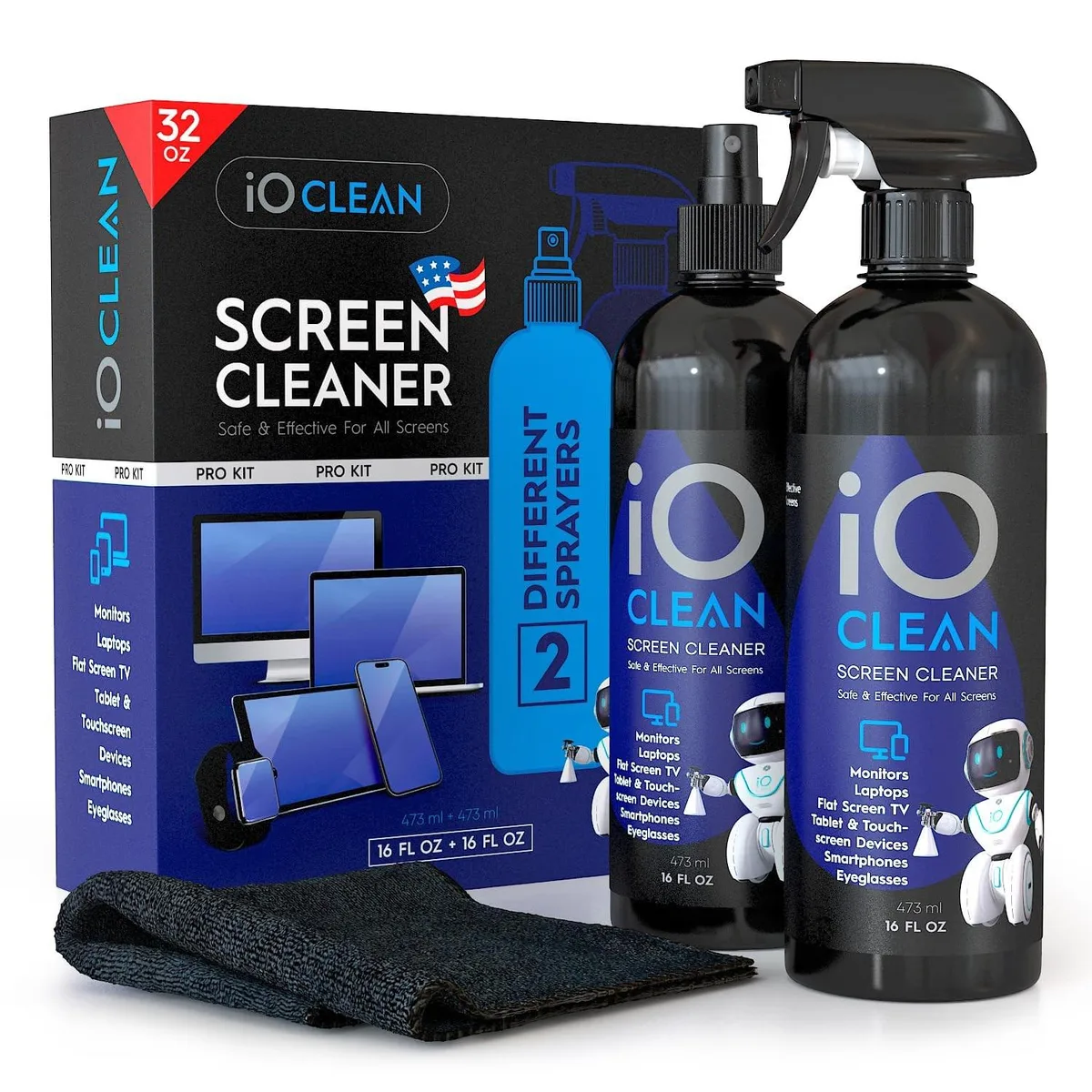 Two 16oz spray bottles, two microfiber cloths, four nozzles in a kit box