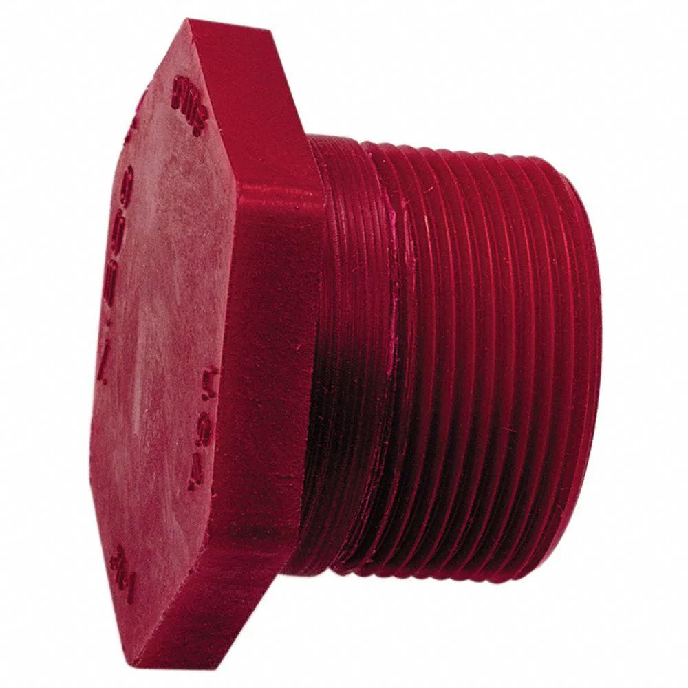 Red Schedule 80 PVDF hex head plug with male NPT threads