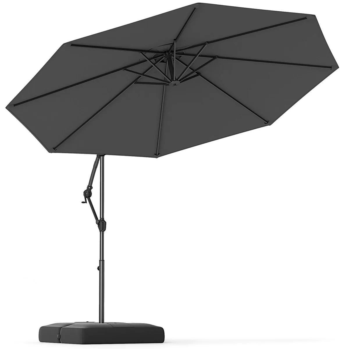 Grey offset patio umbrella with cross base, crank handle, and air vented canopy