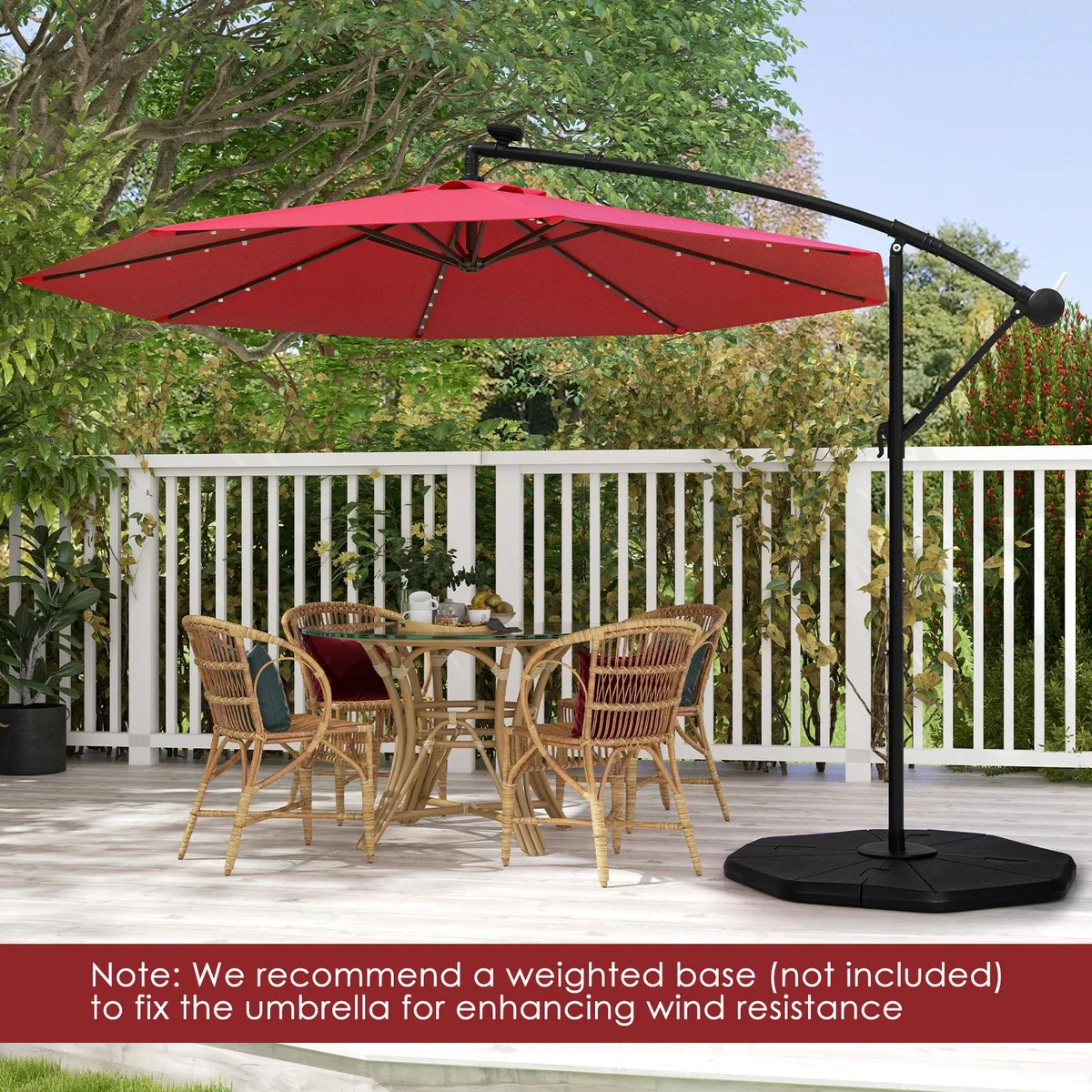 Wine-coloured 10 ft offset umbrella with solar panel and 40 lamp beads on cross base