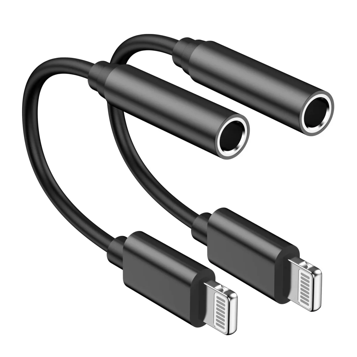 Two black Lightning to 3.5 mm audio adapter dongles side by side