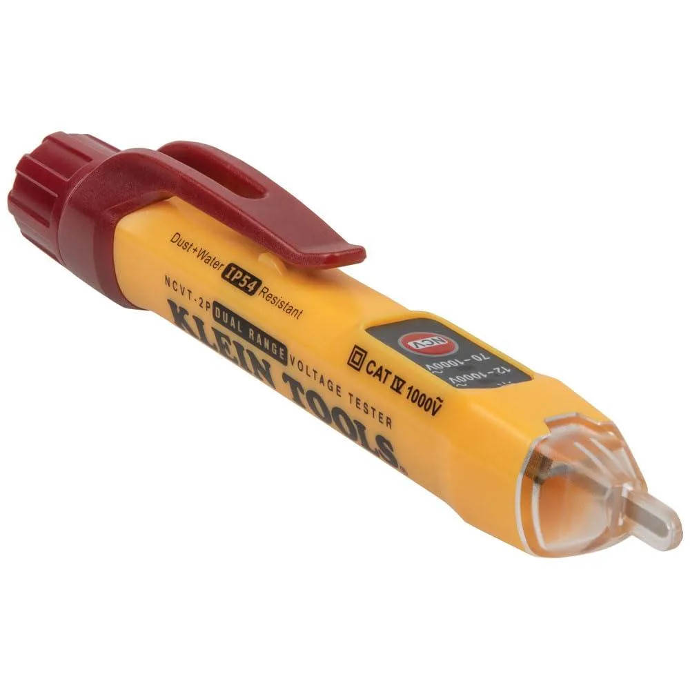 Yellow plastic pen-style tester with pocket clip and probe tip