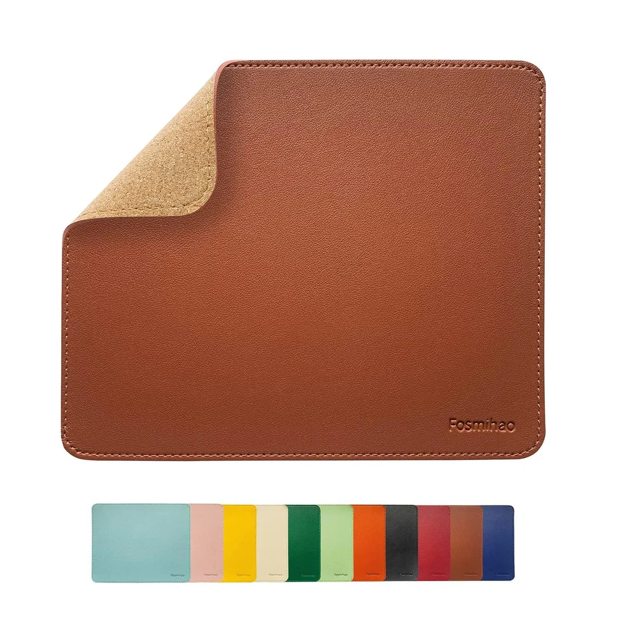 Rectangular brown faux-leather mouse pad with stitched edges, 10.2 by 8.3 inches, .07 inch thick