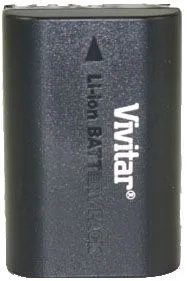 Rectangular lithium-ion camera battery with dark grey plastic casing and gold contact terminals