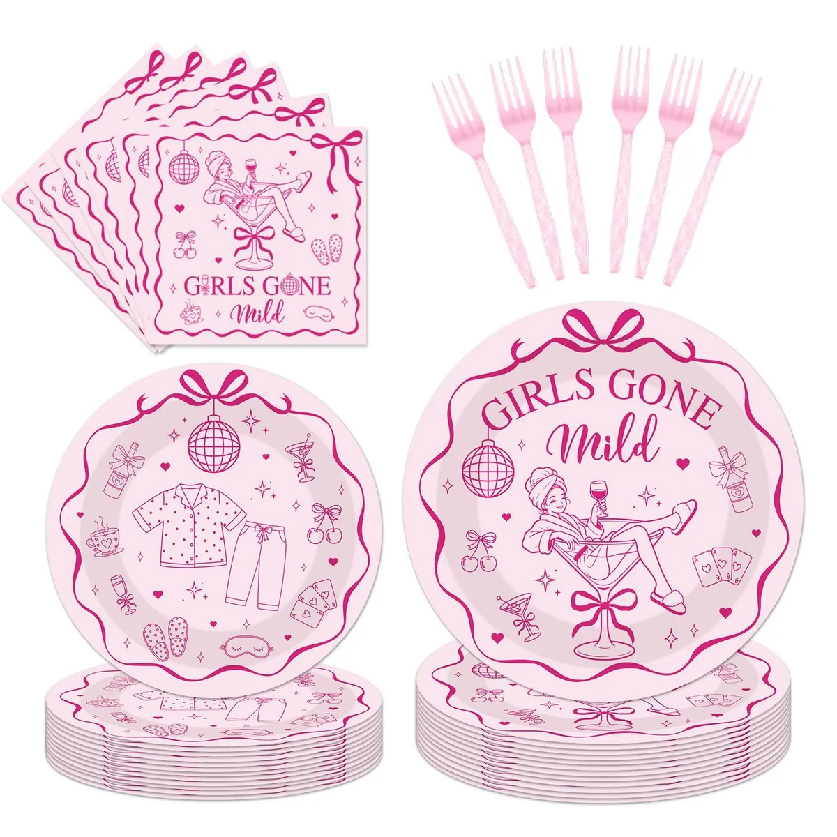 Pink paper tableware set with plates, napkins and forks for 24 guests