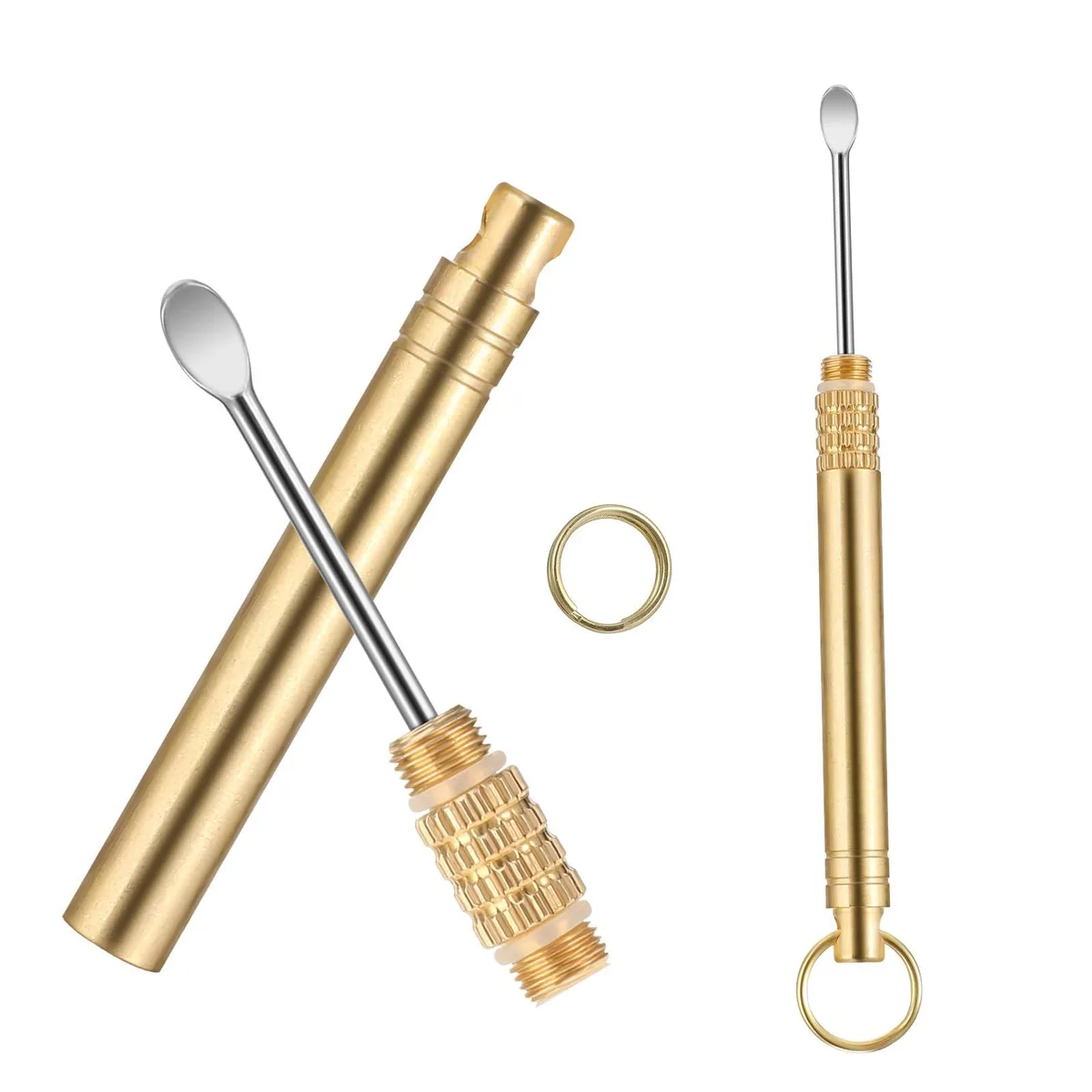 Two gold folding ear scoops with key ring, 16 by 8.5 cm
