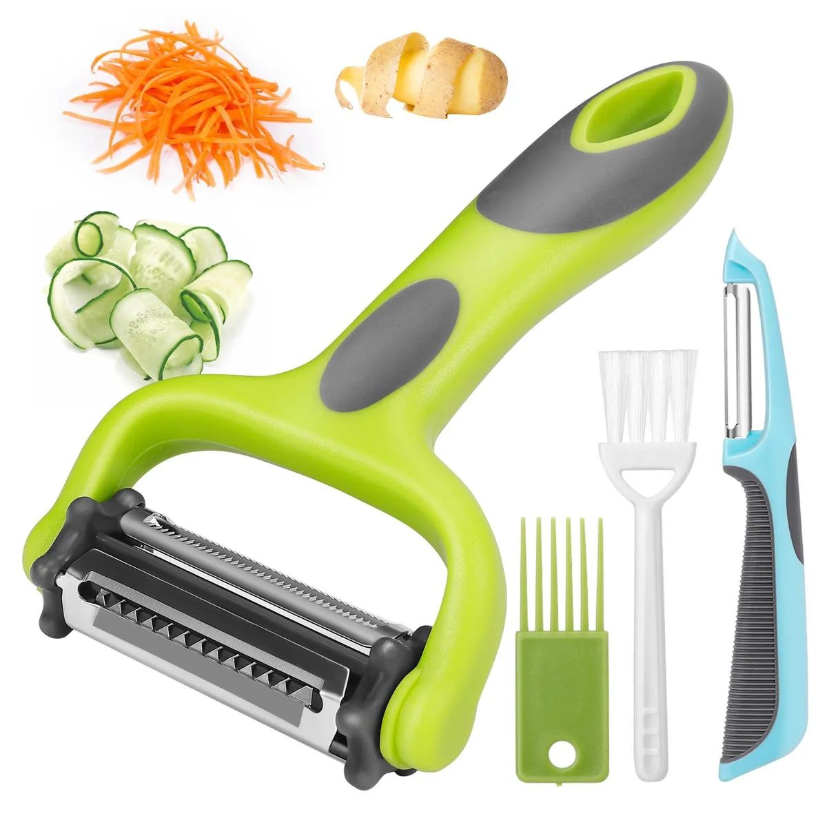 A colourful 3-in-1 peeler set with rotating blades, I-peeler, guards and brushes