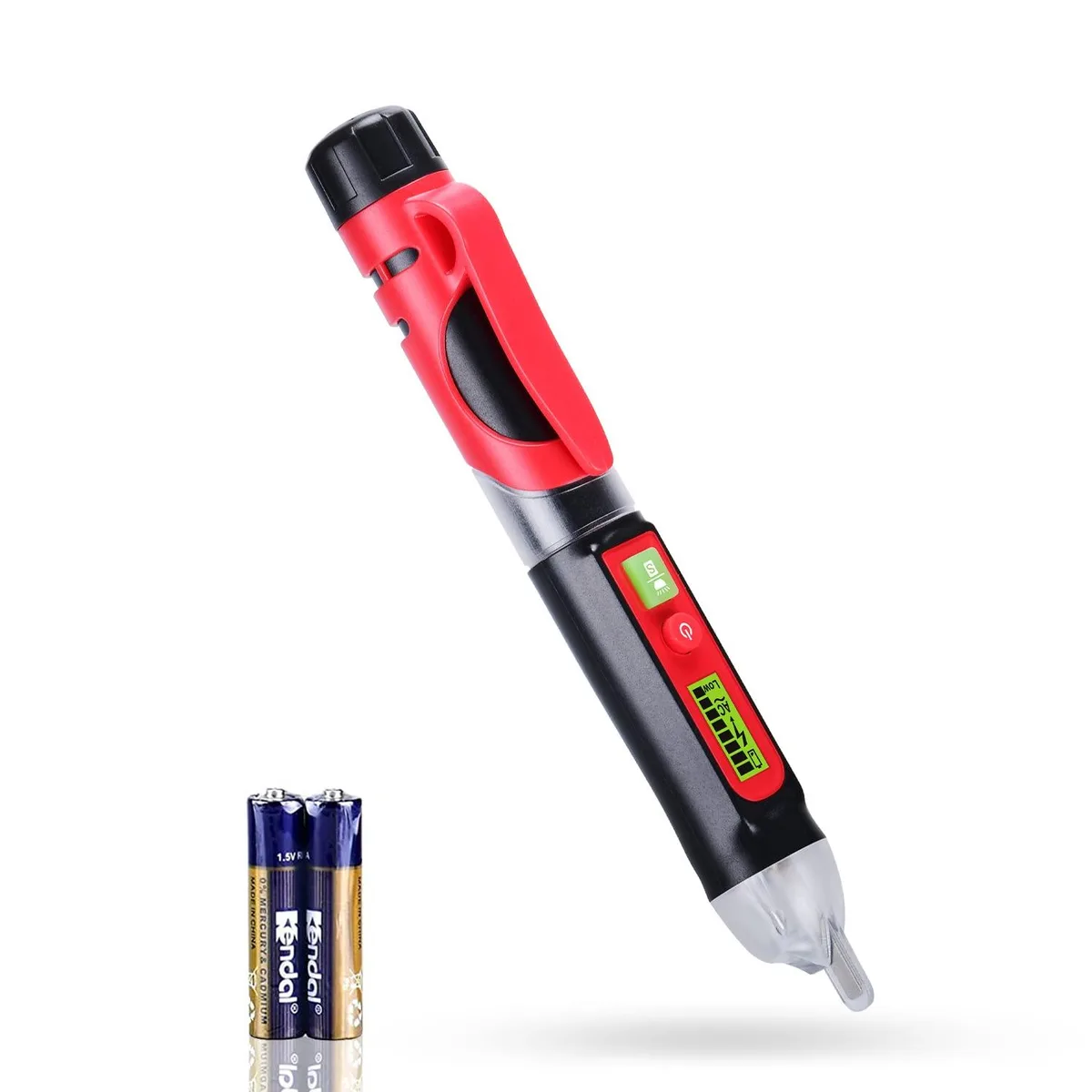 Yellow pen-style voltage tester with pocket clip and insulated tip