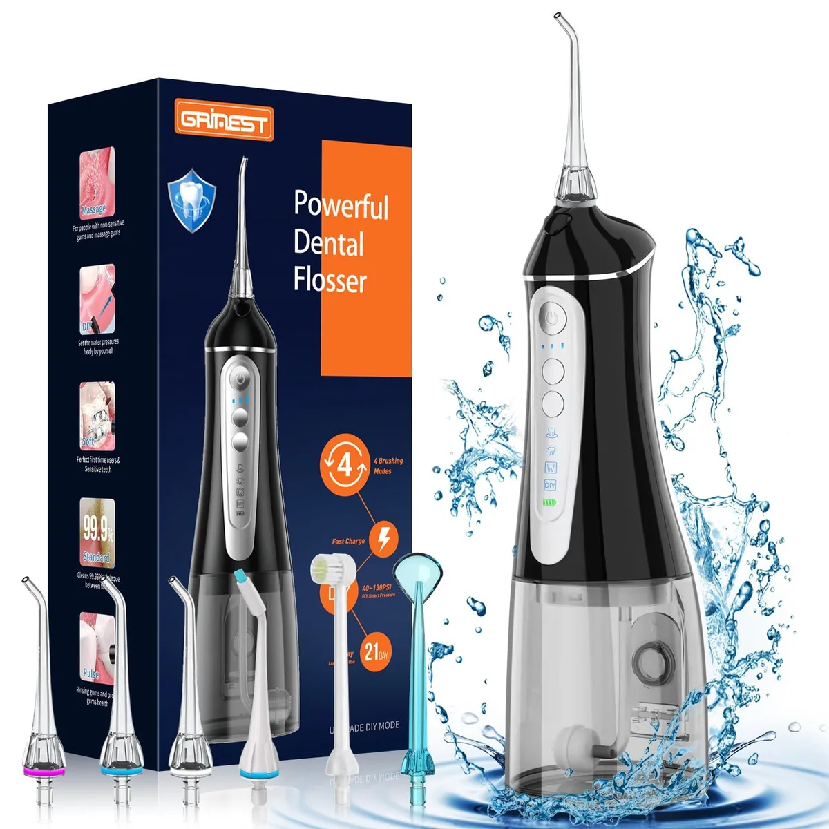 Black cordless water flosser with 320ml removable tank and six rotating jet tips