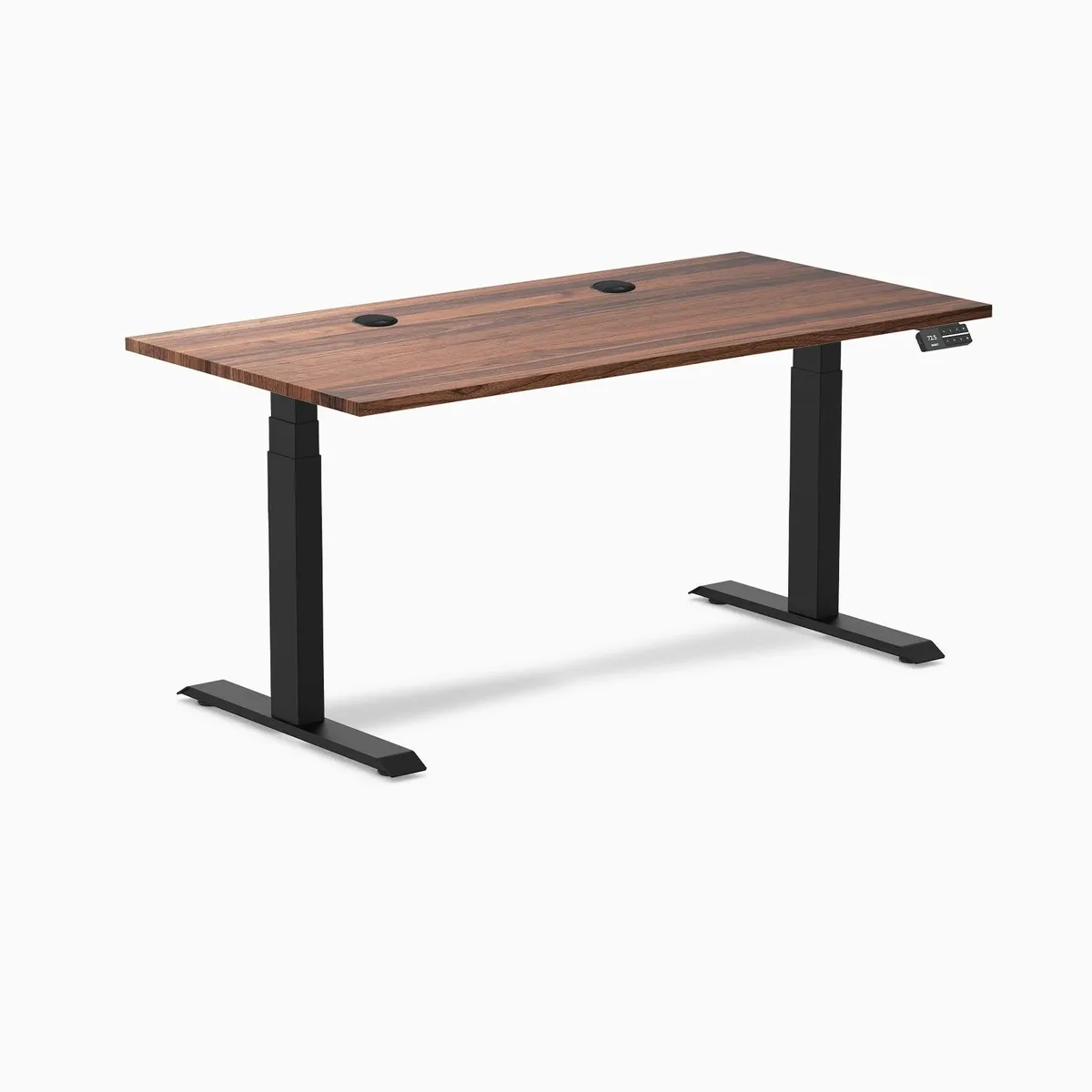 Desky Desky Dual Hardwood Sit Stand Desk Walnut 60 x 30 inches Grommets Matte Black 140 kg capacity — product photo