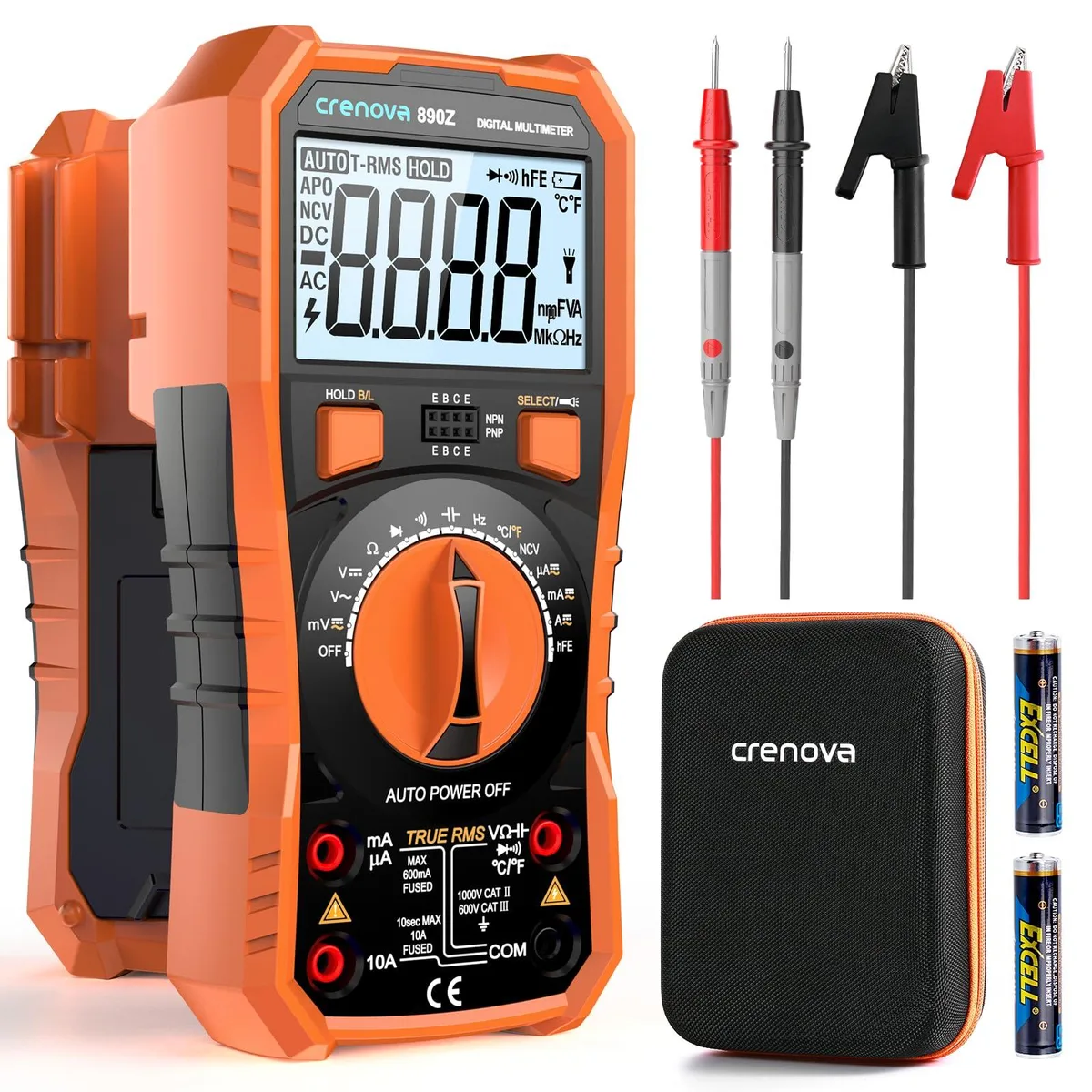 Yellow handheld digital multimeter with LCD screen, test leads, and protective silicone cover