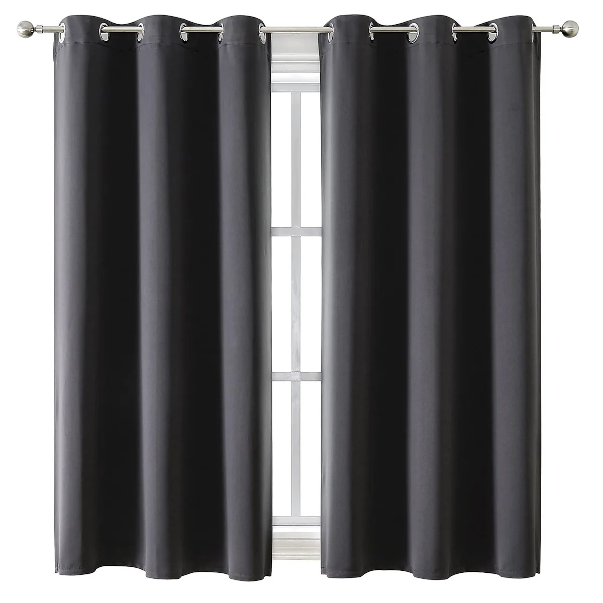 Two dark grey polyester curtain panels with silver grommets