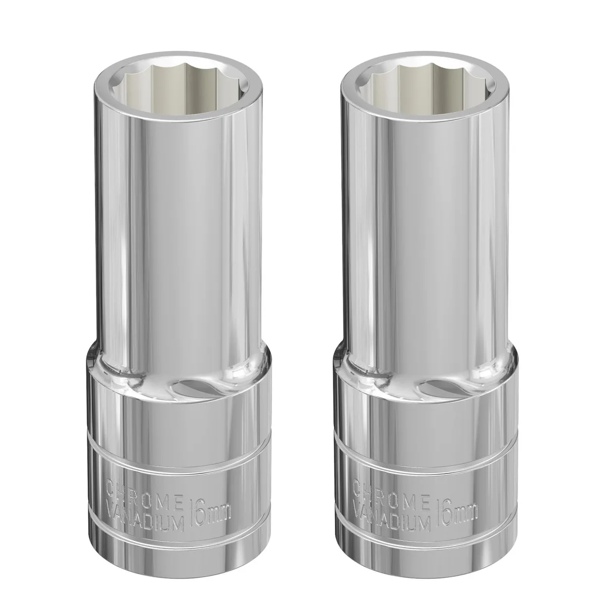 Two 16 mm 12-point deep sockets 1/2-inch drive 3.1 inches polished chrome vanadium steel