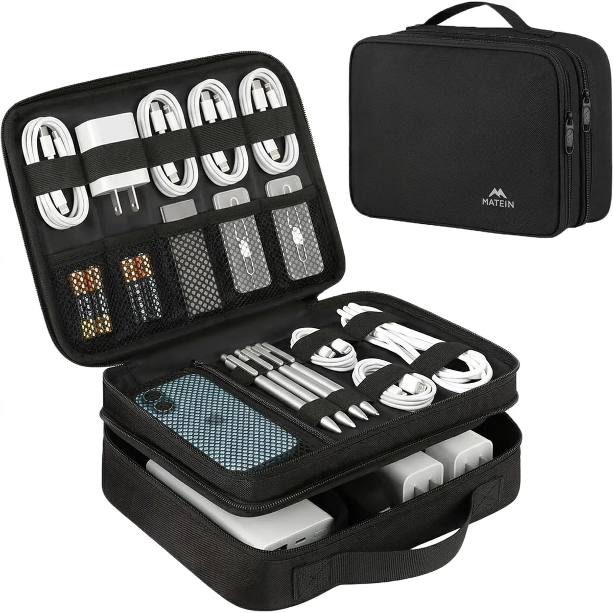 Rectangular grey travel case with zipper and padded dividers, 10.5 by 7.75 by 3.5 inches