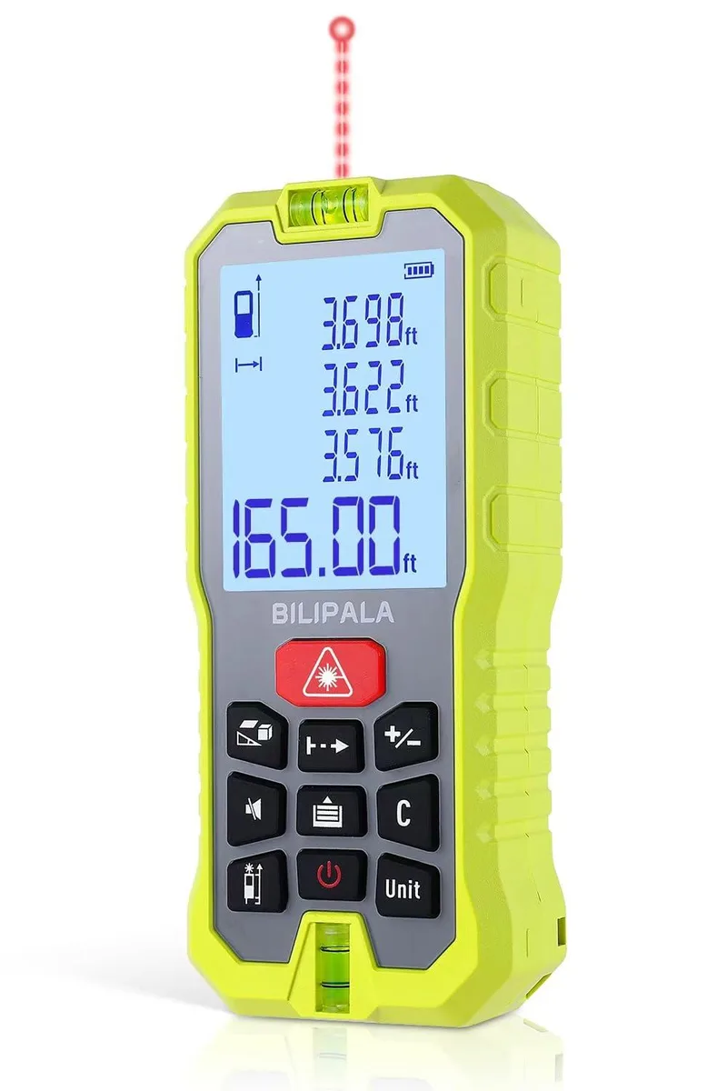 Handheld laser distance meter with dual bubble levels and backlit LCD screen