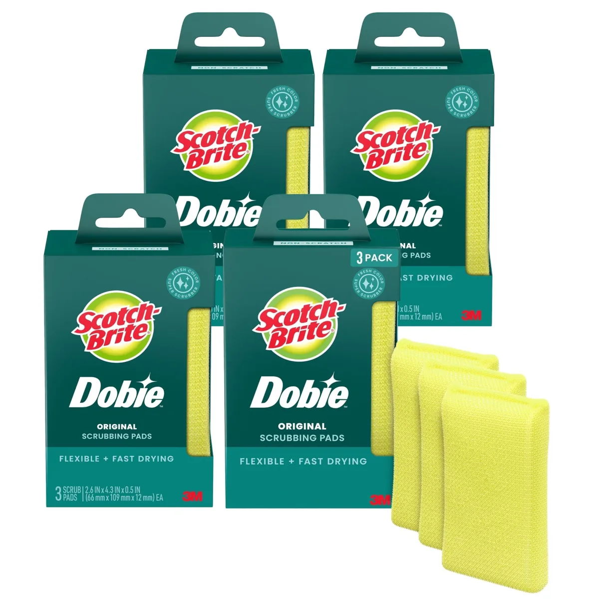 Twelve yellow rectangular cleaning pads with contoured grip, polyurethane foam and non-scratch scouring surface