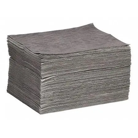 Stack of 100 gray perforated polypropylene sorbent pads 15 by 19 inches