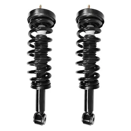Pair of silver metal front strut assemblies with coil springs and top mounts