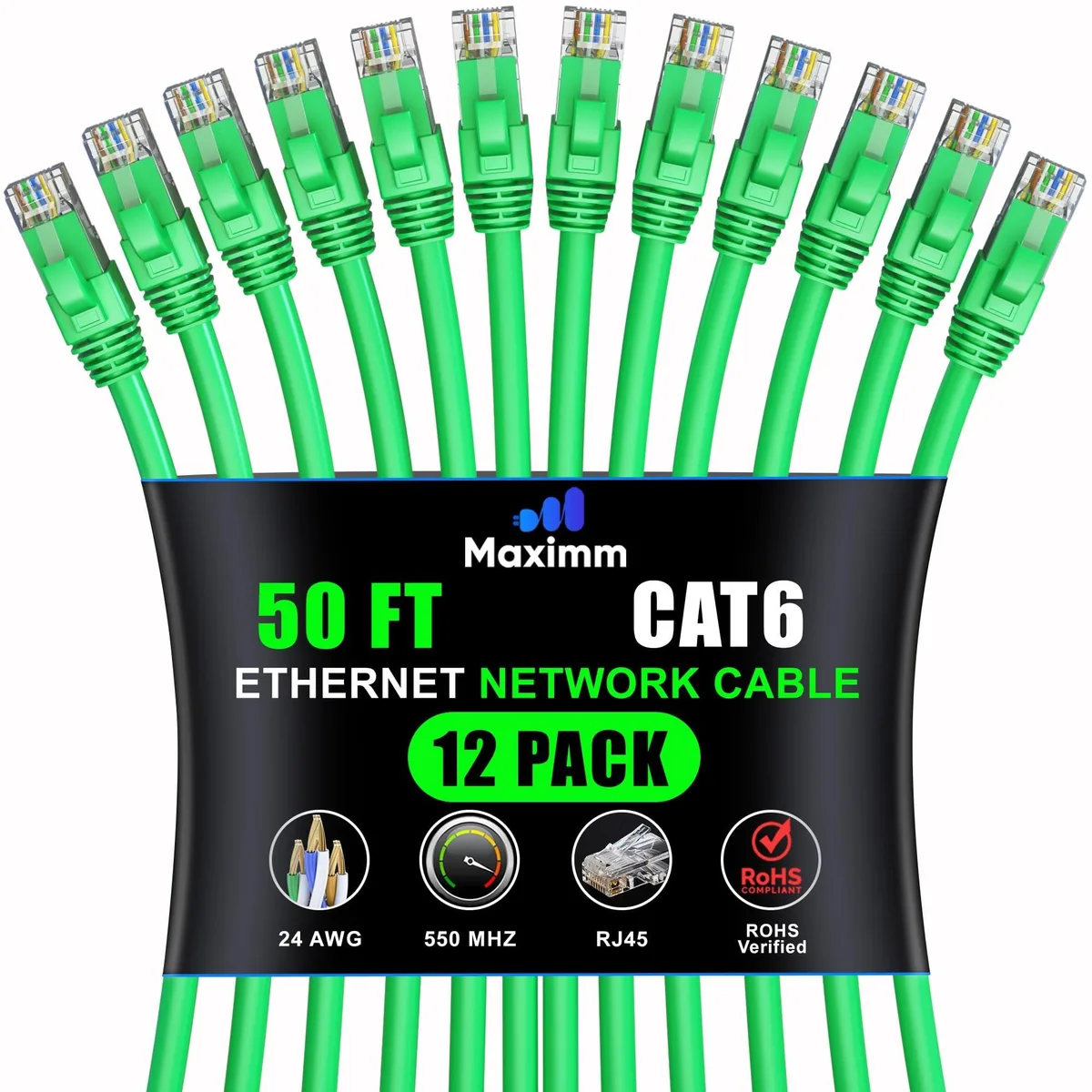 maximm maximm Cat 6 Ethernet Cable 50 ft 12-Pack Green 2 in 1 accessory — product photo