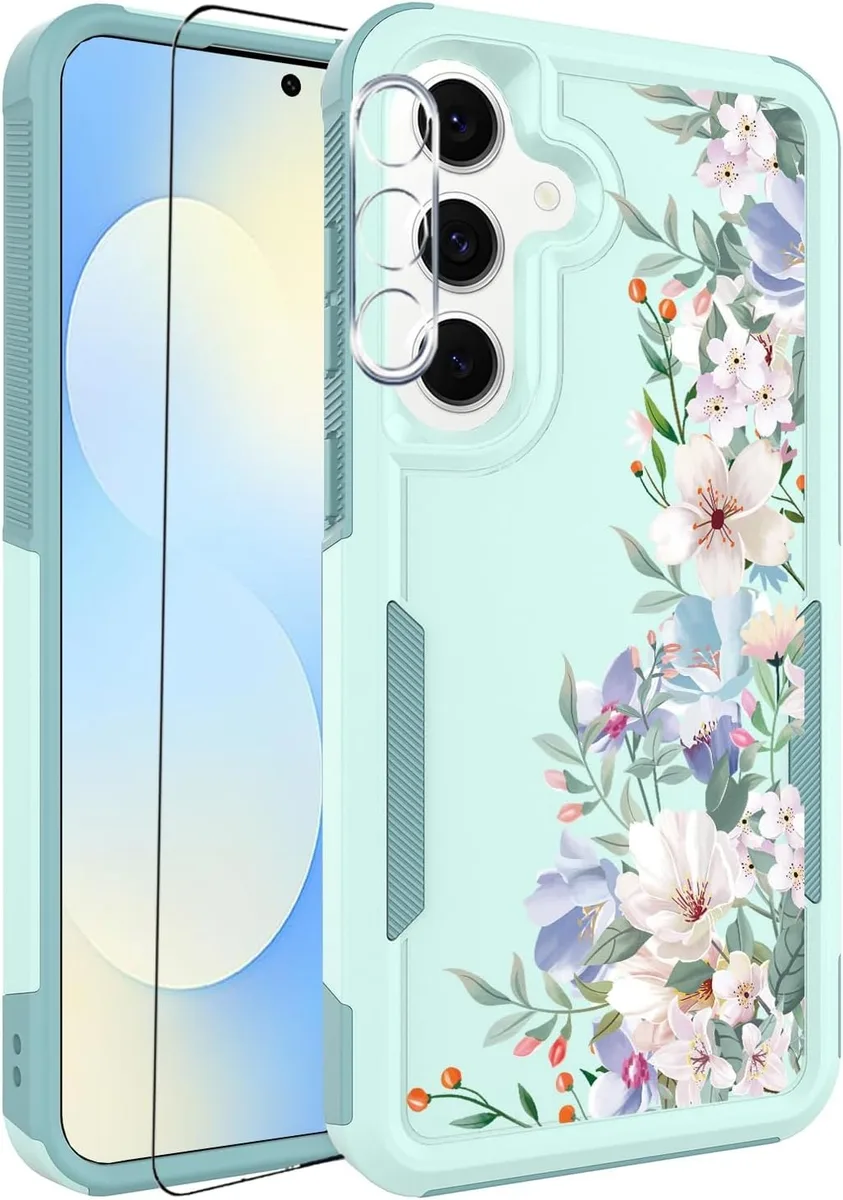 Transcend Transcend Galaxy S25 FE 5G Case with Screen & Lens Protector, Floral Mint Green/Magnolia — product photo