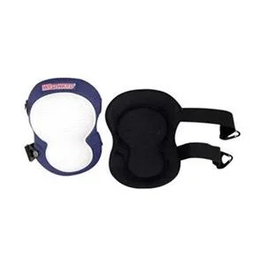 Blue and white foam knee pad with plastic cap and two elastic straps with quick-release clips