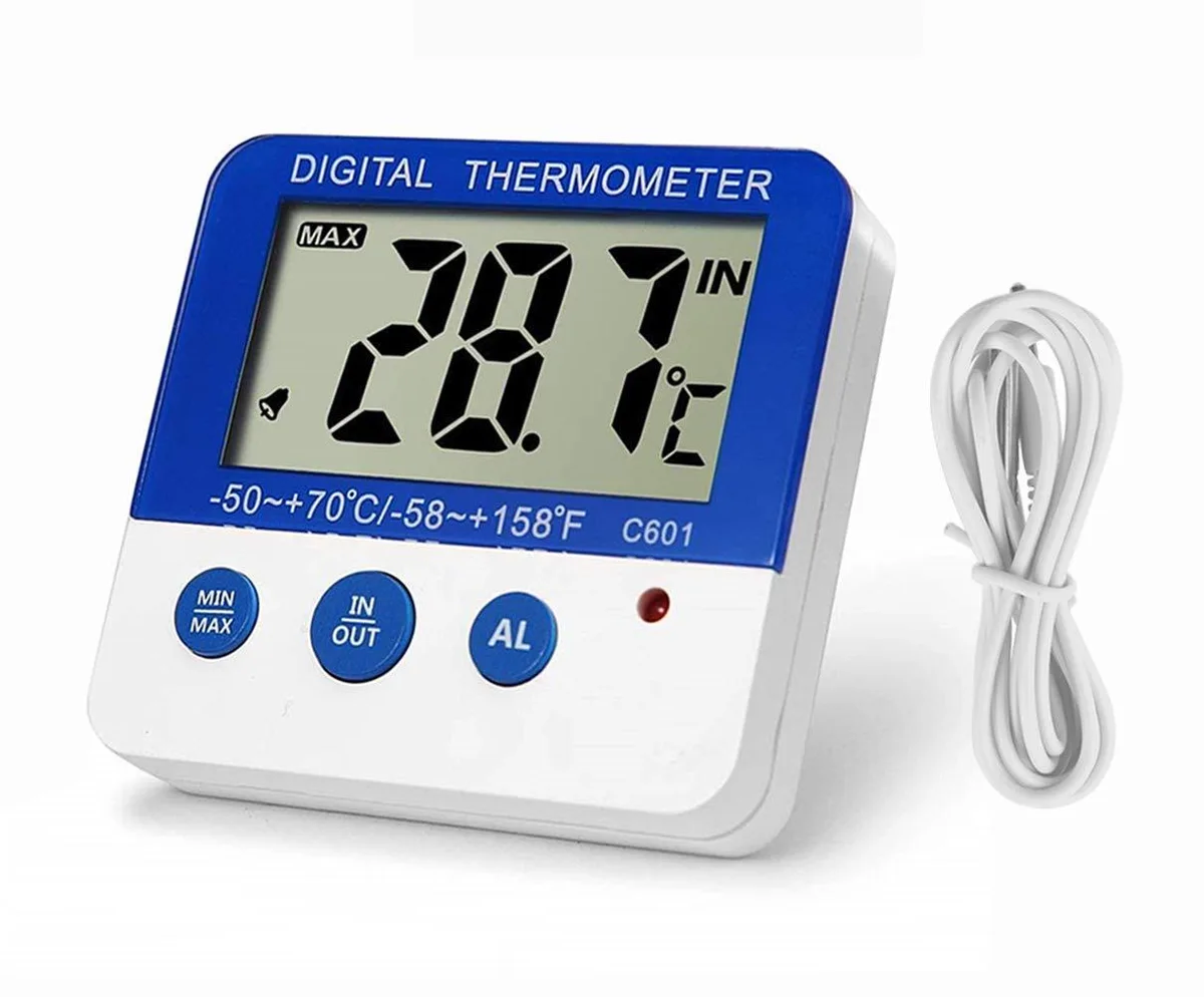 Blue and white digital thermometer with LCD screen, probe cable, magnetic back and stand