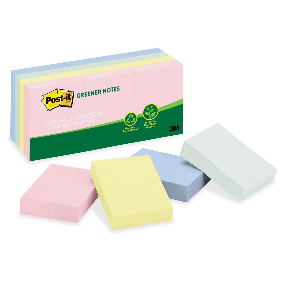 Twelve pastel square pads in a cardboard box