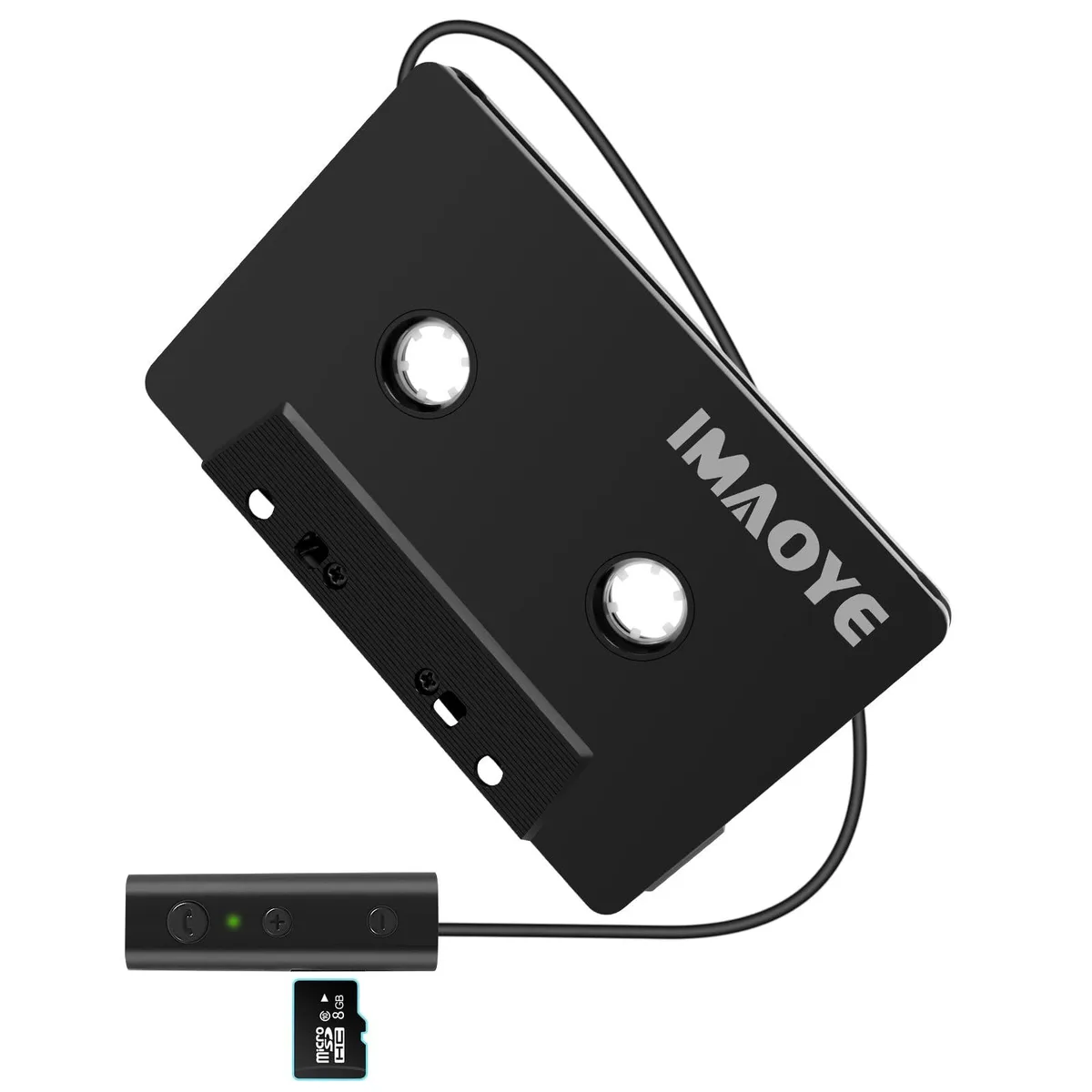 Black cassette-shaped Bluetooth adapter with micro USB port and micro SD slot