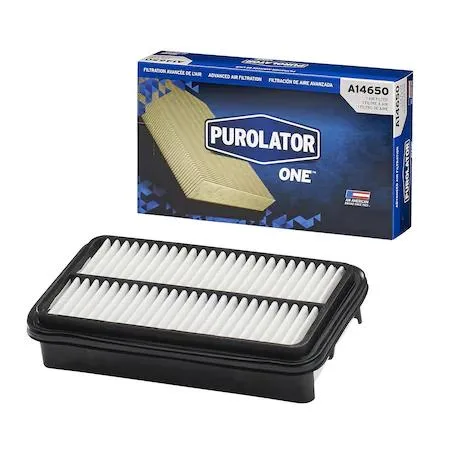Rectangular white pleated air filter with orange PurolatorONE branding