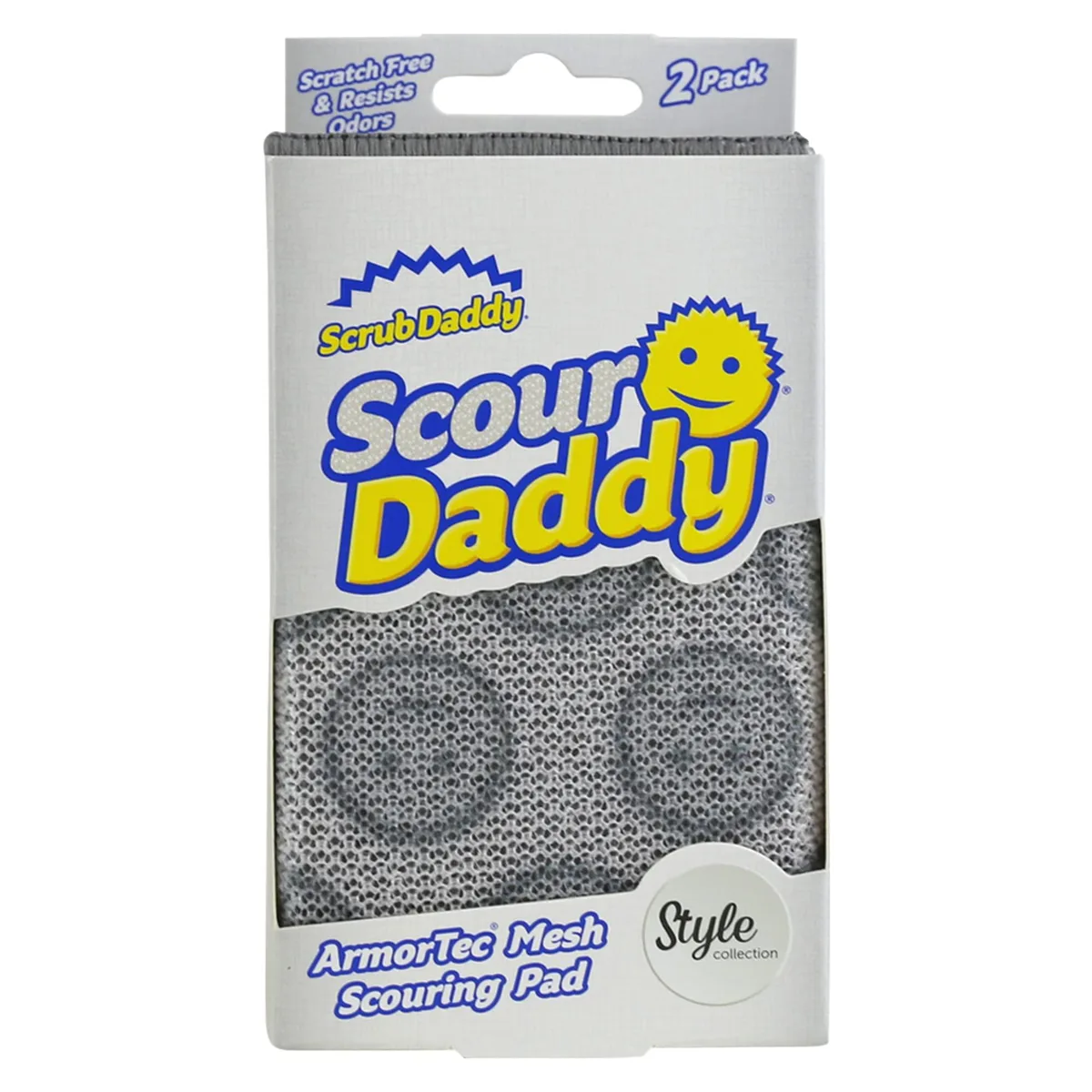 Two white rectangular scrubbing sponges with hanging tabs shown in a clear pack