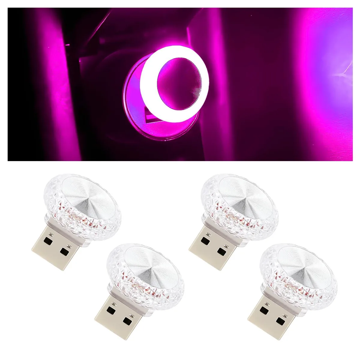  4PCS USB LED Car Interior Atmosphere Lamp Pink Purple Automotive Specialty Lighting — product photo