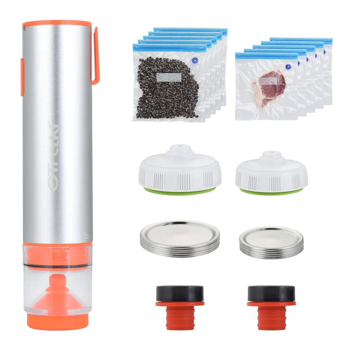  OTraki 3-in-1 Vacuum Sealer Silver 10 lids 10 bags — product photo