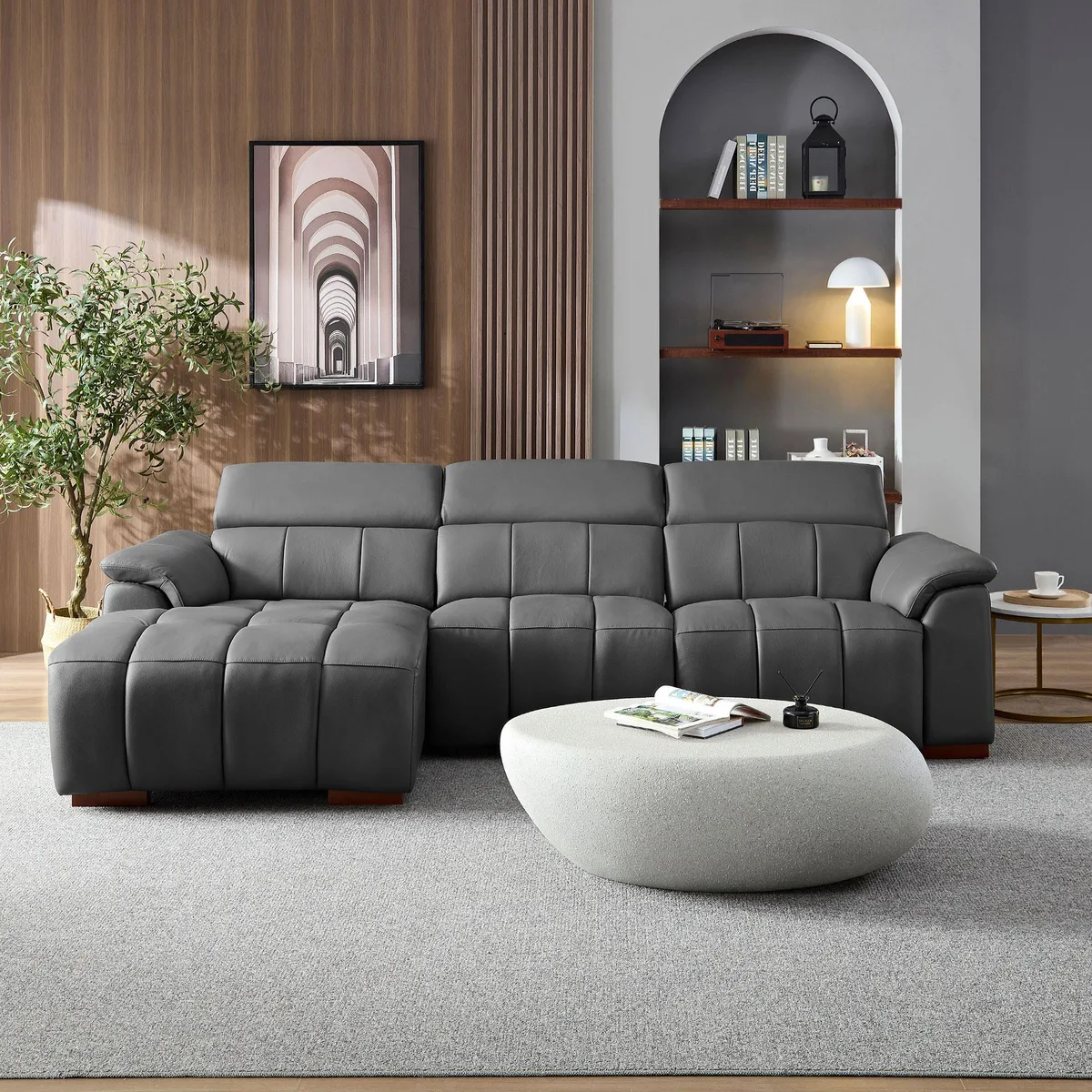 Dark grey L-shaped leather reclining sofa with USB port