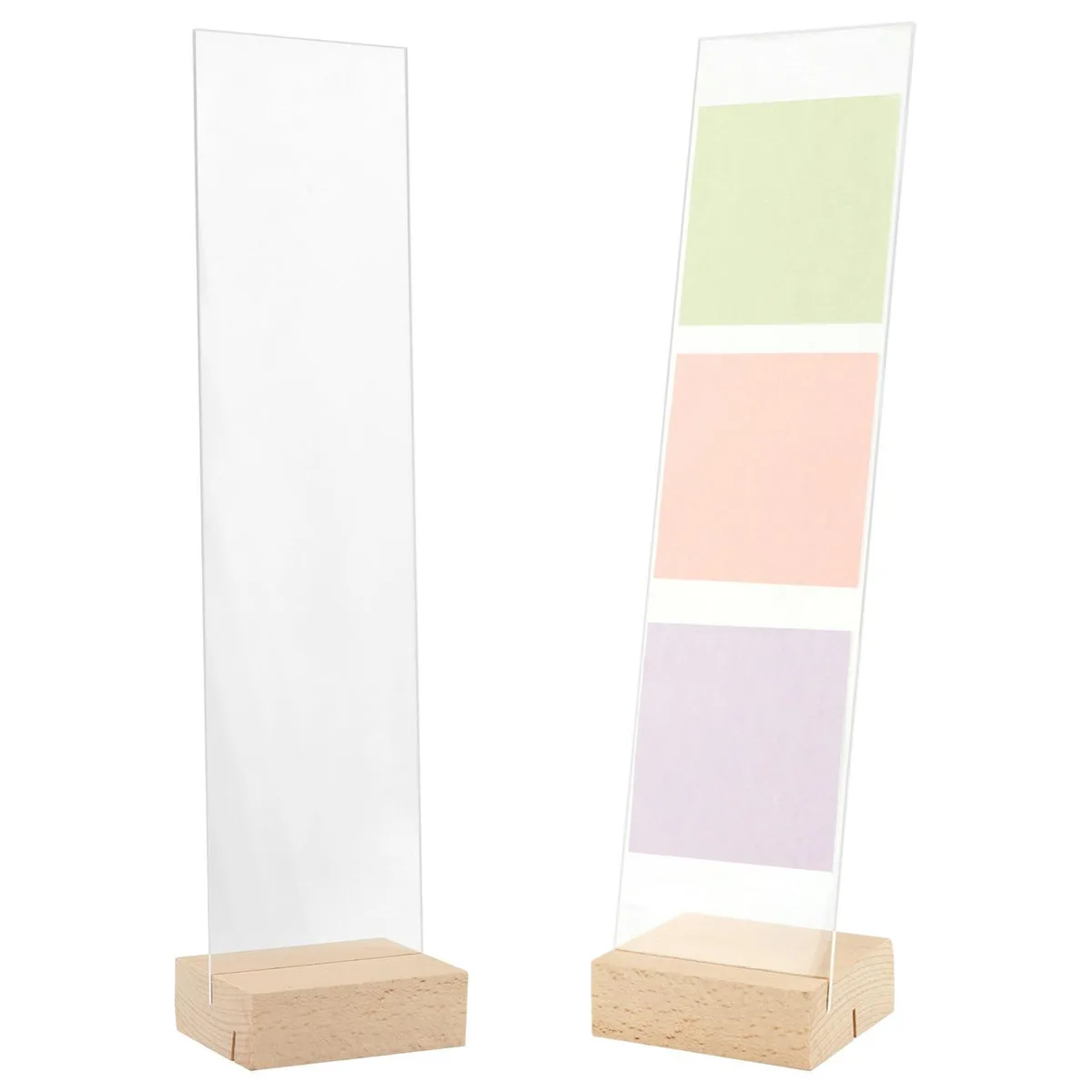 Two clear acrylic memo boards on wooden bases with multicolour sticky notes