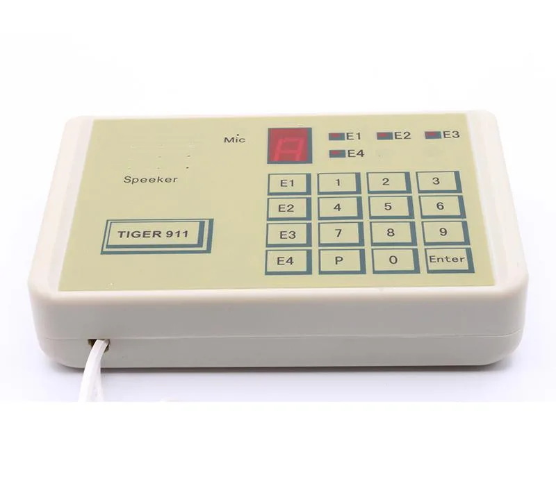 White rectangular alarm dialer with numeric keypad and seven-segment display