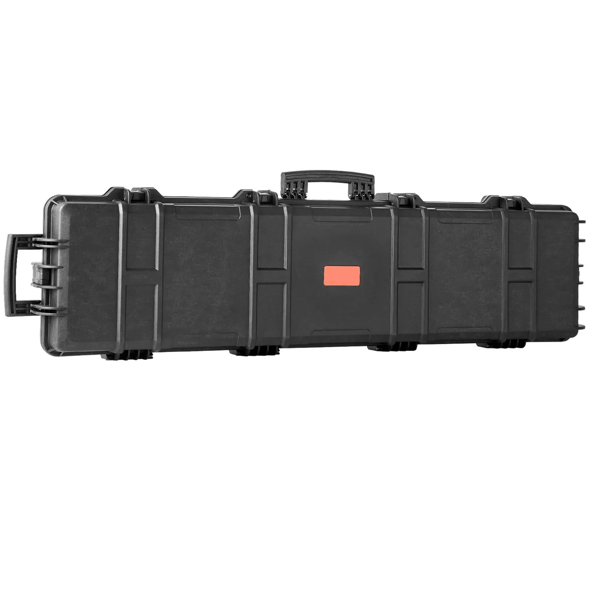 Black hard-shell rifle case on two wheels with retractable handle and six latches