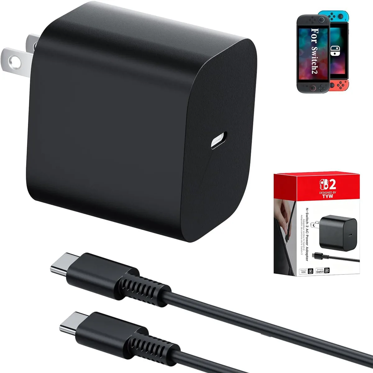 Black rectangular 60 W USB-C power adapter with 1.8 m cable