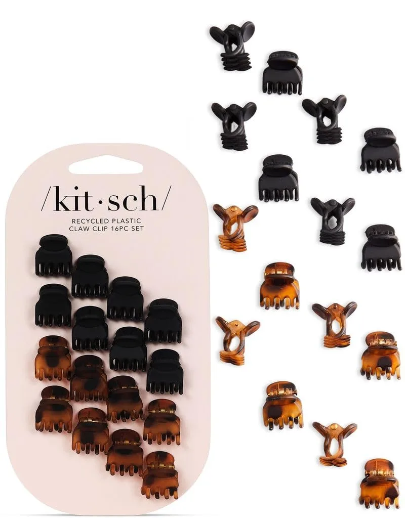 Sixteen small claw clips in tortoise and black, matte finish, on a card