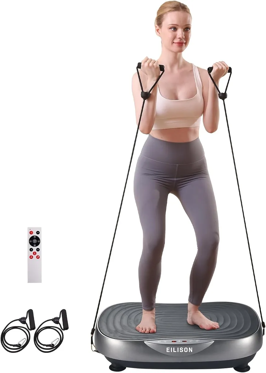 Rectangular black vibration platform with rubber surface, remote control and digital display, new condition