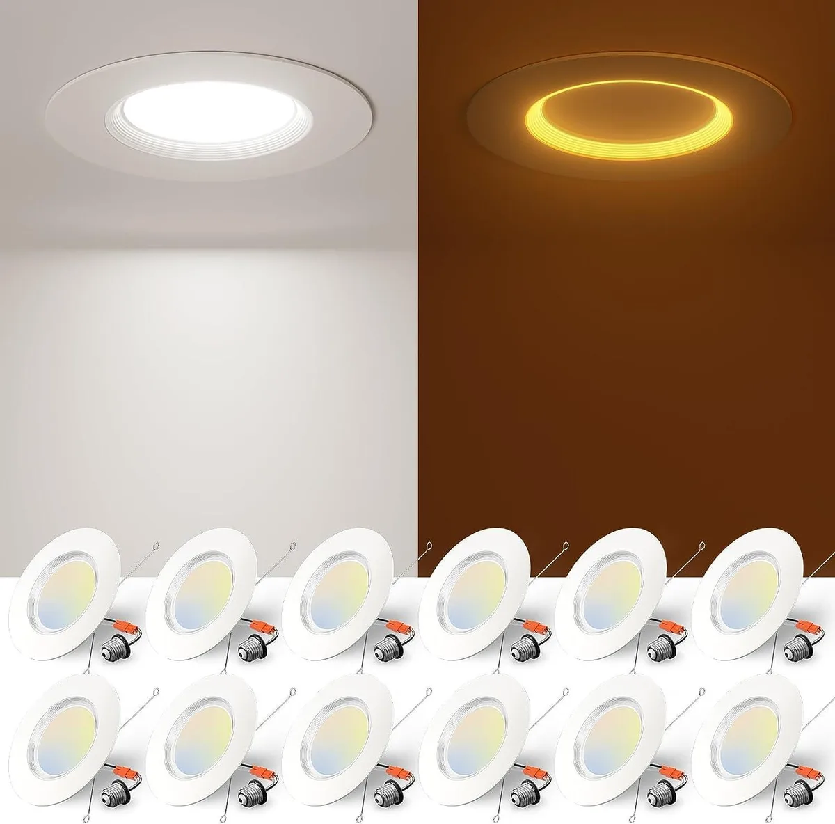 Twelve white six-inch recessed LED lights with clear prismatic trim
