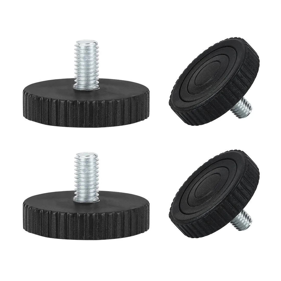 Four M8 threaded leveling feet with black plastic bases and silver metal stems
