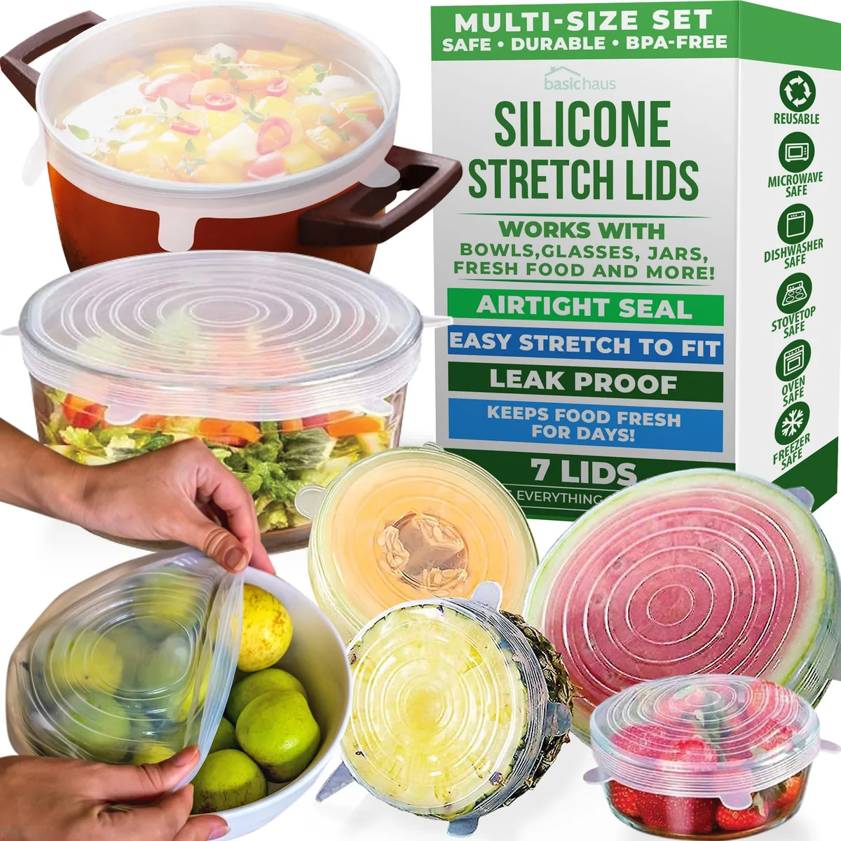 Seven transparent silicone stretch lids in various sizes with cotton storage bag