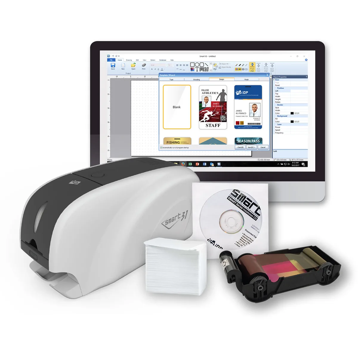 Compact ID card printer kit in white and grey finish with ribbon cartridge and card hopper visible