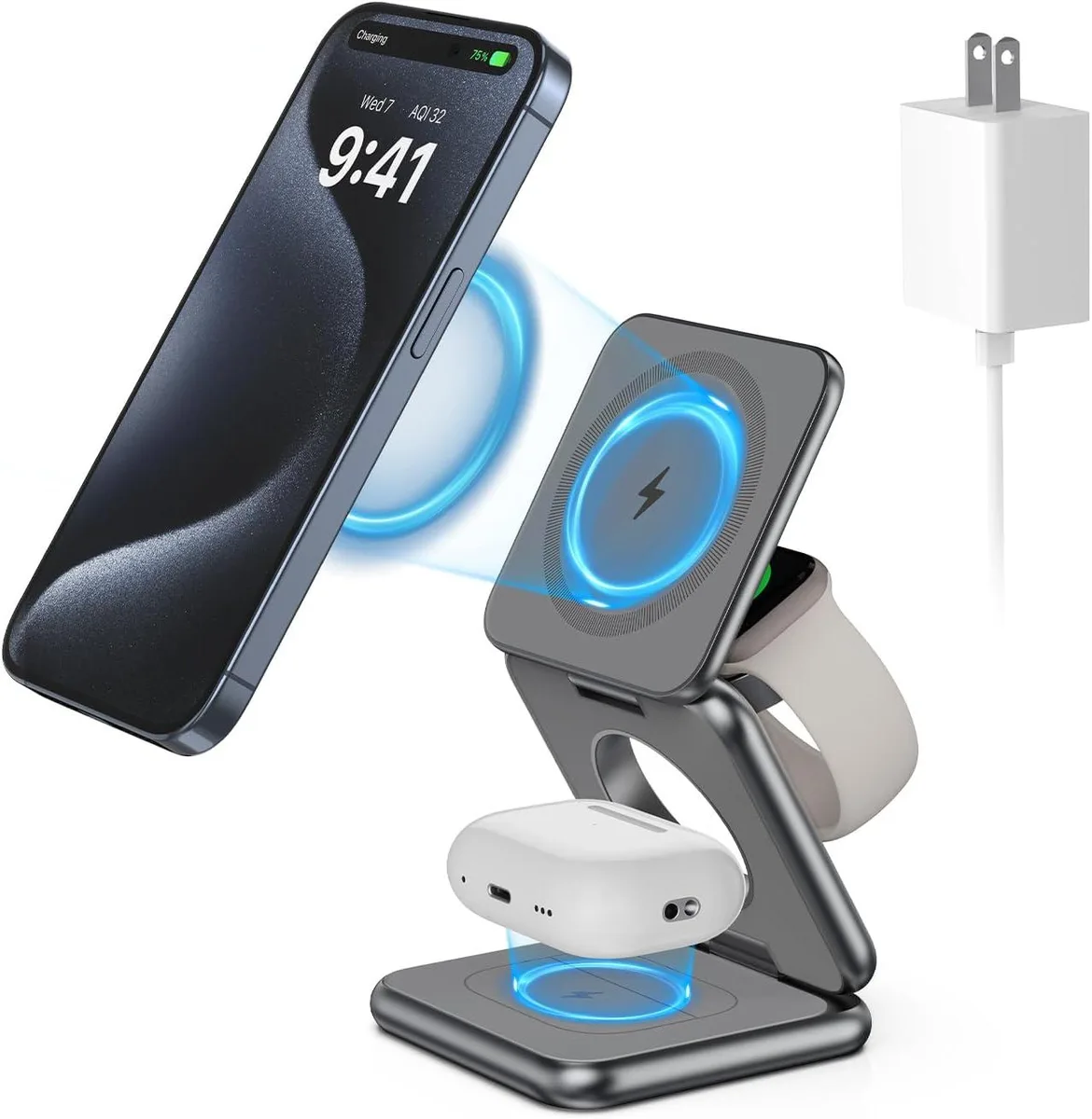 PISKEKAT PISKEKAT Foldable Magnetic Wireless Charger 3-in-1 Gray — product photo
