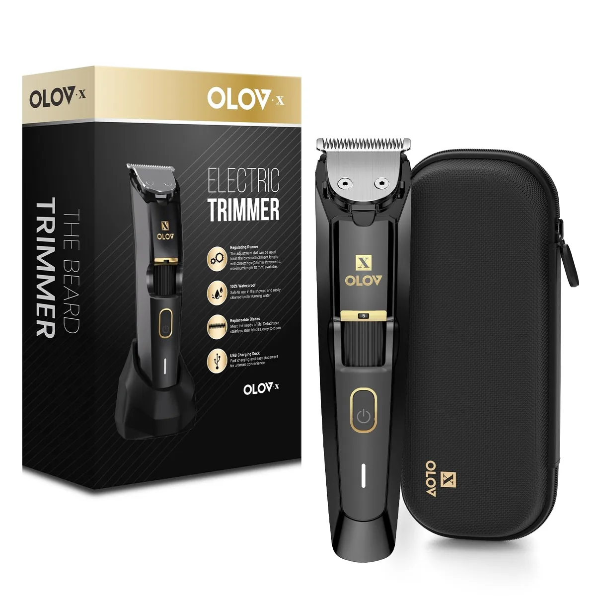 Black cordless beard trimmer with precision dial and stainless steel blades