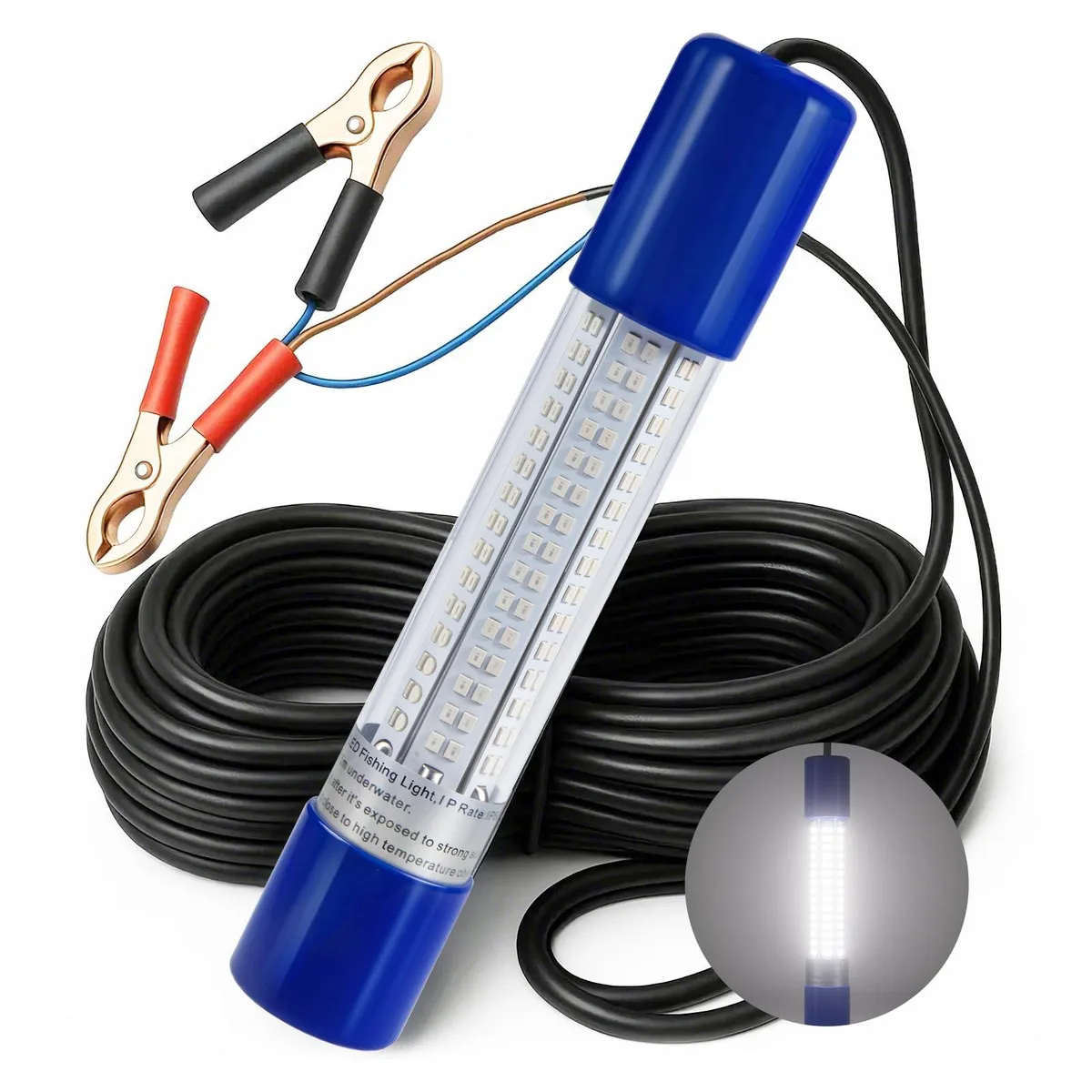 Black cylindrical LED underwater fishing light, 1.18 inch diameter by 7.57 inch length, 26ft cable, IP68 waterproof