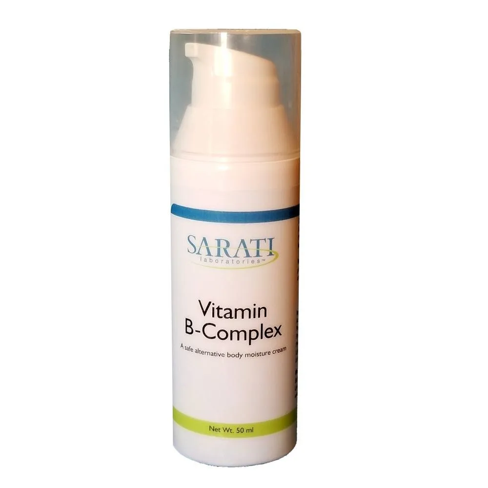White 1.7 oz pump bottle of Sarati Vitamin B Complex Cream