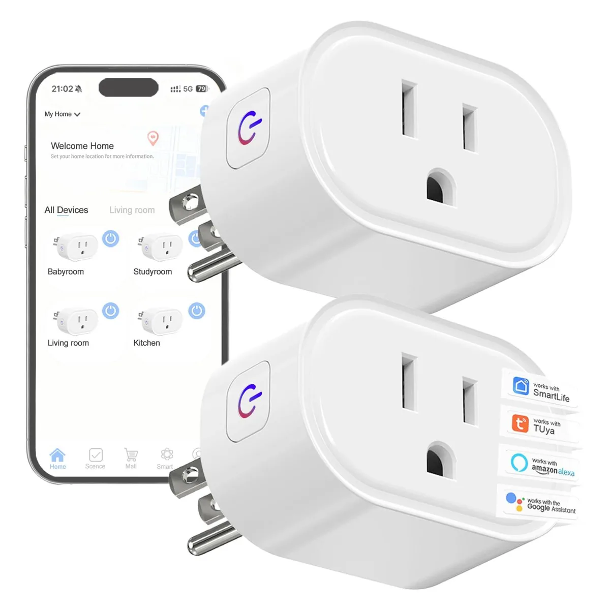 Two compact white smart plugs with UK-style pins and status LEDs