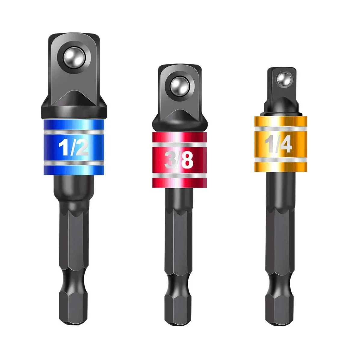 Three black steel socket adapters in a molded holder, 1/4-inch hex shanks to 1/4, 3/8, 1/2-inch square drives, color-coded bands