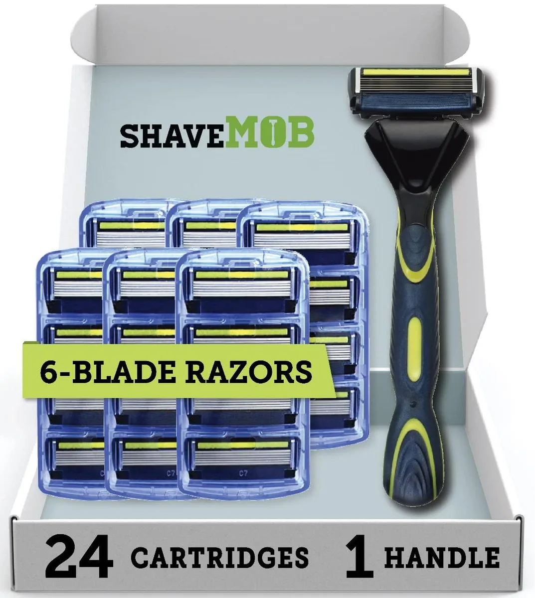 Six-blade razor handle with rubber grip and cartridge pack
